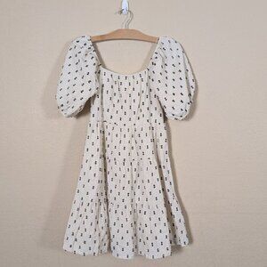 Sim & Sam Dobby Polka Dot Milkmaid Dress Tiered Puff Sleeve Linen Cotton…
